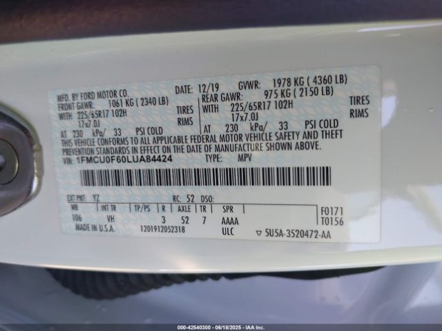 2020 FORD ESCAPE 1FMCU0F60LUA84424 Photo 8