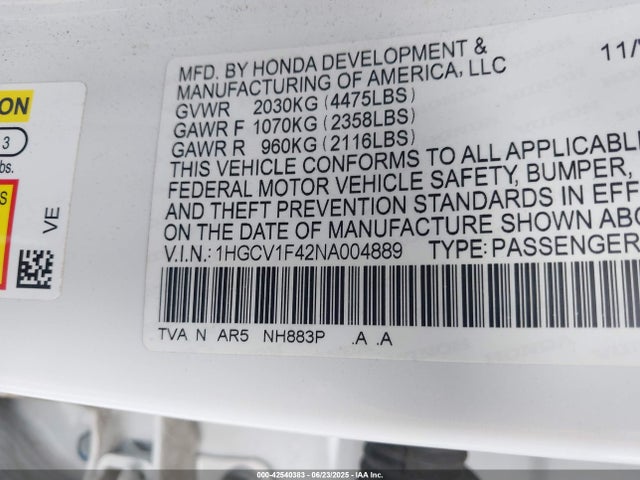 1HGCV1F42NA004889 Honda l15be