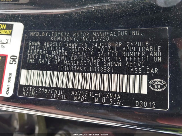 Toyota a25a-fxs, 3nm (li) 2020 4T1C31AKXLU013681 Image 9