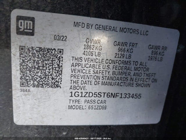 1G1ZD5ST6NF133455 Chevrolet lfv - direct injection, variable valve timing, gen 1 gmna