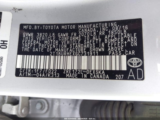 2T1BURHEXGC731911 Toyota 2zr-fe