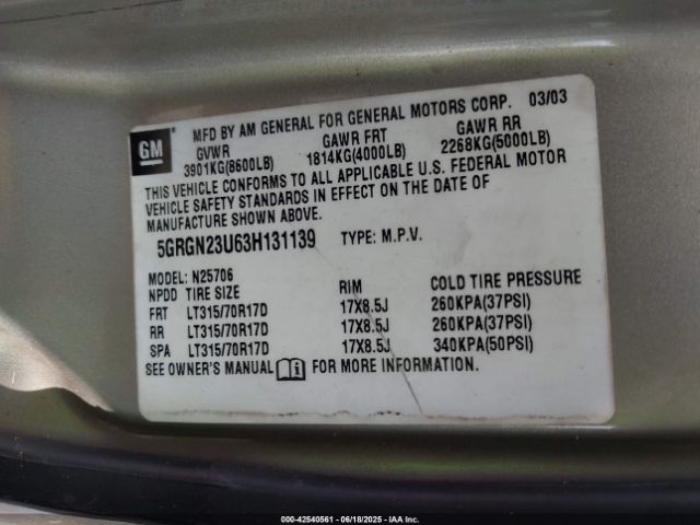 2003 HUMMER H2 5GRGN23U63H131139 Photo 8