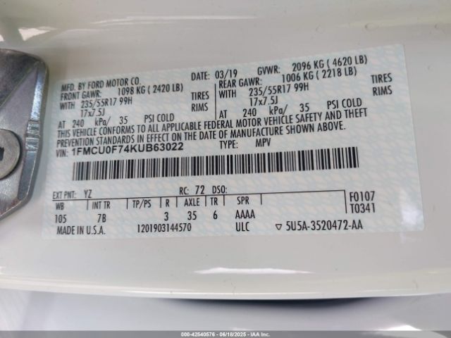 1FMCU0F74KUB63022 Ford 2.5l i-vct