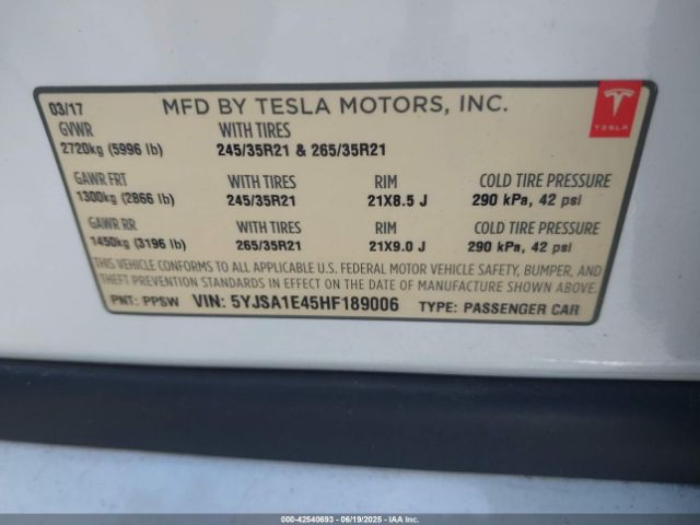 2017 TESLA MODEL S 5YJSA1E45HF189006 Photo 8