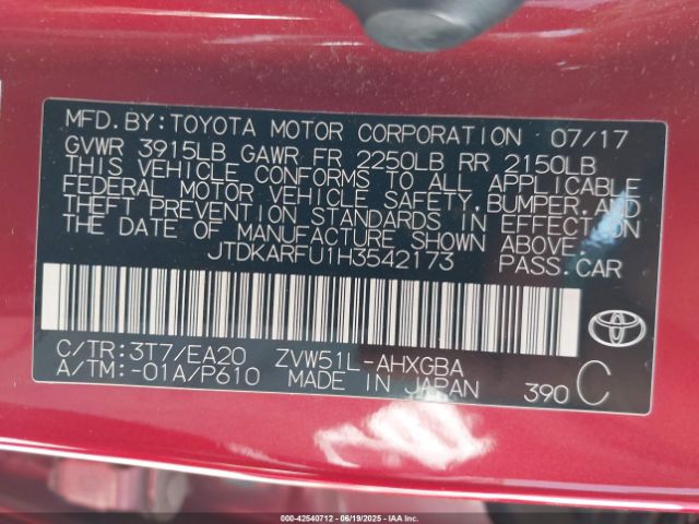 2017 TOYOTA PRIUS JTDKARFU1H3542173 Photo 8