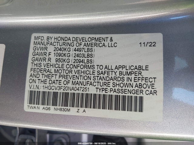 1HGCV3F20NA047251 Honda lfb2
