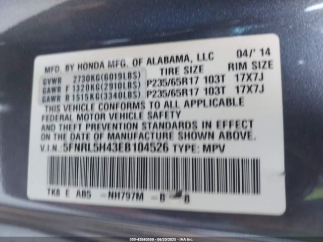 5FNRL5H43EB104526 Honda j35z8