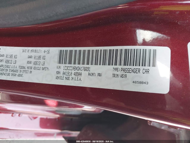 Продажа на аукционе авто 2016 Chrysler 200 Limited, vin: 1C3CCCABXGN176691, номер лота: 42540938