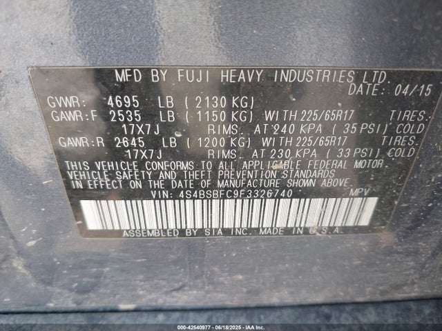 Subaru 2.5l u6 2015 4S4BSBFC9F3326740 Image 9