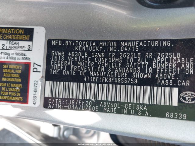 2015 TOYOTA CAMRY 4T1BF1FK8FU955759 Photo 8