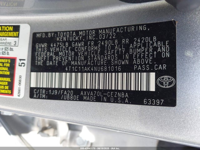 4T1C11AK4NU681016 Toyota a25a-fks