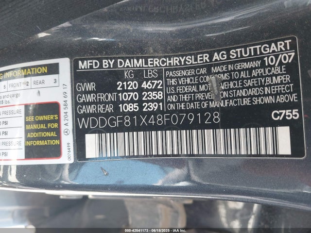 42541173 :رقم المزاد ، WDDGF81X48F079128 vin ، 2008 Mercedes-benz C 300 Luxury 4matic/sport 4matic مزاد بيع