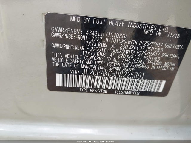Subaru naturally aspirated 2017 JF2GPAKC5H8225861 Image 9