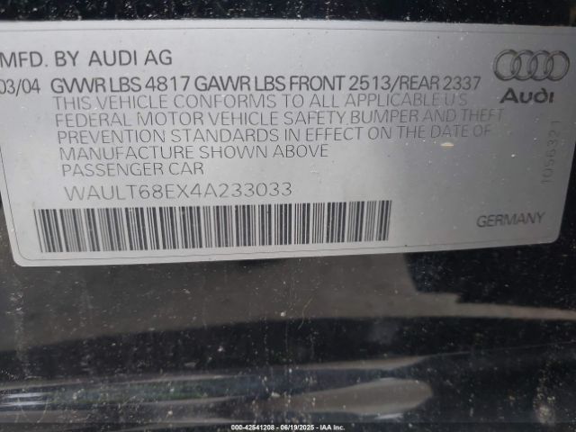 2004 AUDI A4 WAULT68EX4A233033 Photo 8