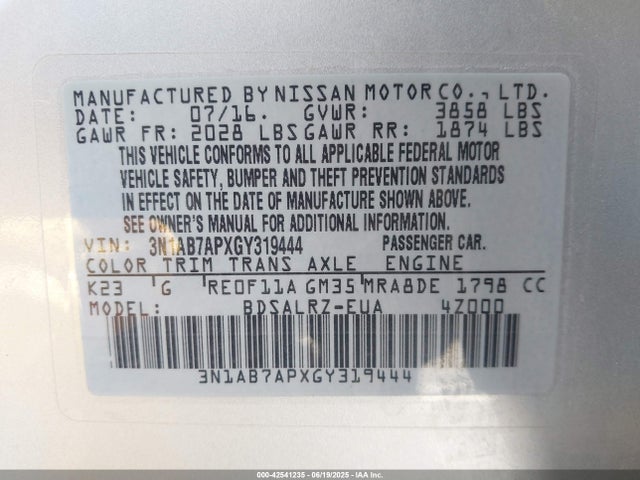 3N1AB7APXGY319444 Nissan Sentra