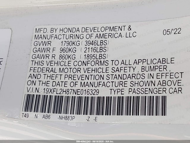 19XFL2H87NE016329 Honda k20c2