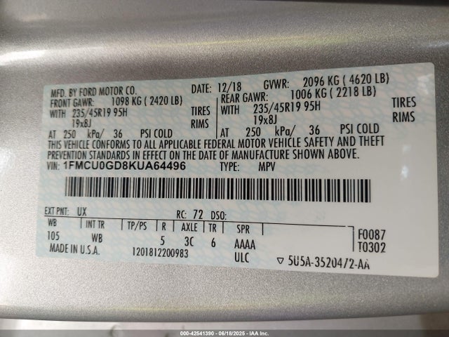 1FMCU0GD8KUA64496 Ford 1.5l gtdi sigma w/premium fuel