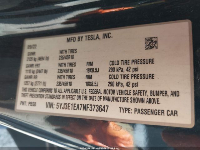 2022 TESLA MODEL 3 5YJ3E1EA7NF373647 Photo 8