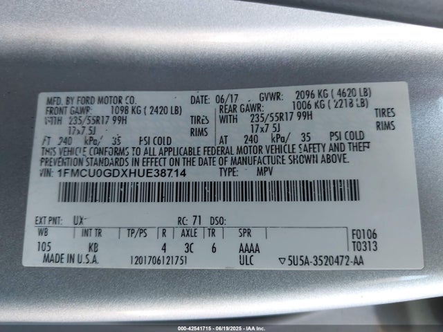 1FMCU0GDXHUE38714 Ford gtdi sigma w/premium fuel