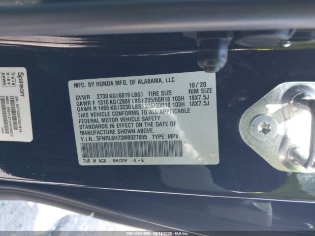 2021 HONDA ODYSSEY 5FNRL6H73MB027655 Photo 8
