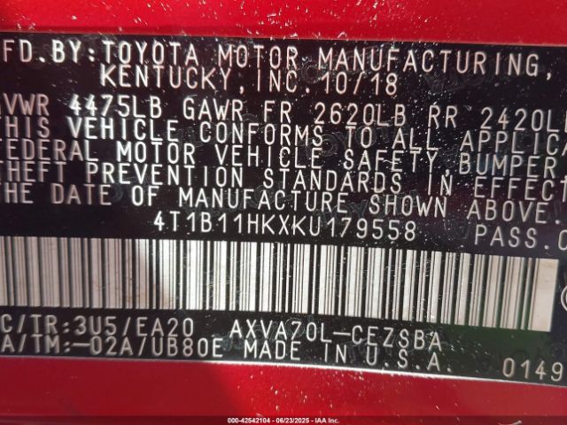 2019 TOYOTA CAMRY 4T1B11HKXKU179558 Photo 8