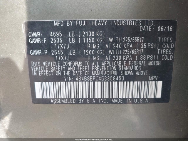 4S4BSBFCXG3358453 Subaru 2.5l u6