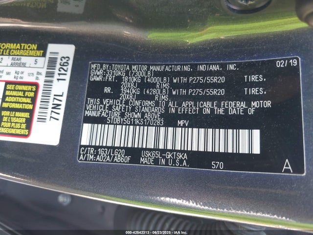 5TDBY5G11KS170283 Toyota 3ur-fe
