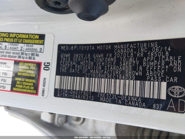 2T1BURHE9EC184739 Toyota 2zr-fe