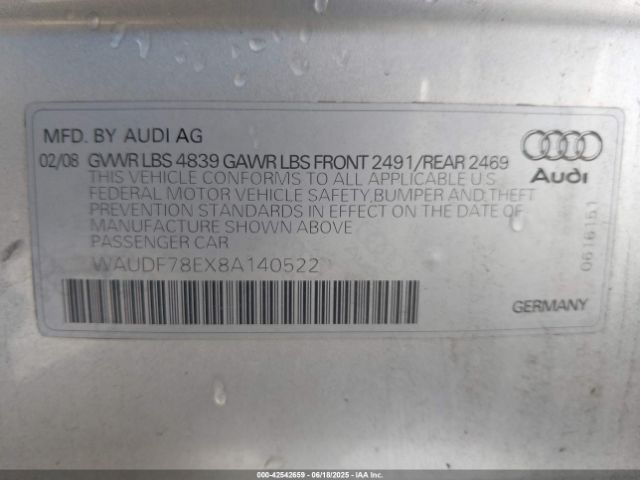 2008 AUDI A4 WAUDF78EX8A140522 Photo 8