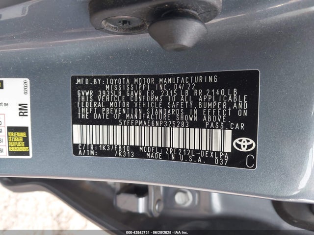 5YFEPMAE6NP325283 Toyota 2zr-fae
