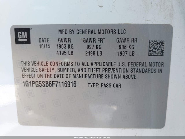 42542900 :رقم المزاد ، 1G1PG5SB6F7116916 vin ، 2015 Chevrolet Cruze Ltz مزاد بيع