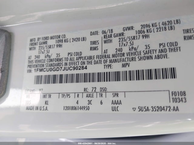 1FMCU0GD7JUC90284 Ford 1.5l gtdi sigma w/premium fuel