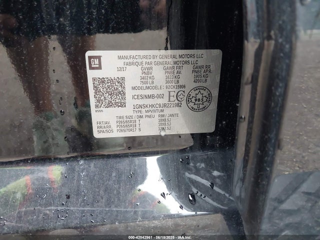 1GNSKHKC9JR221982 Chevrolet l83 - sidi: spark ignited direct injection, vvt: variable valve timing, afm, e85 max, alum