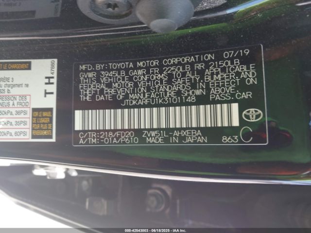 2019 TOYOTA PRIUS JTDKARFU1K3101148 Photo 8