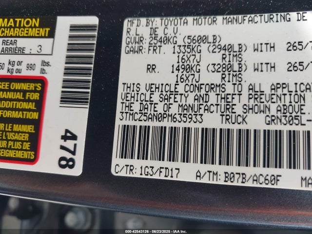 3TMCZ5AN0PM635933 Toyota 2gr-fks