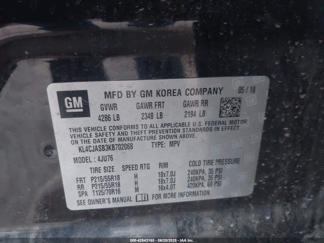KL4CJASB3KB702068 Buick luv: mfi, variable valve timing, alum, e85 max