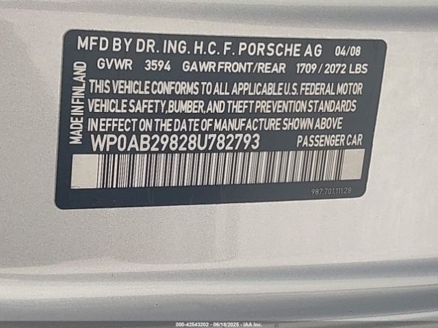 2008 PORSCHE CAYMAN S WP0AB29828U782793 Photo 8