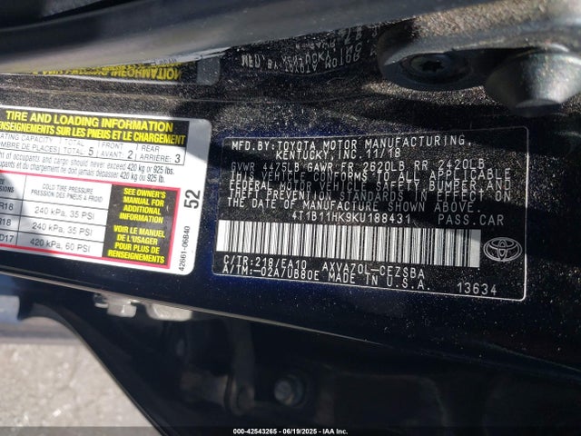 4T1B11HK9KU188431 Toyota a25a-fks
