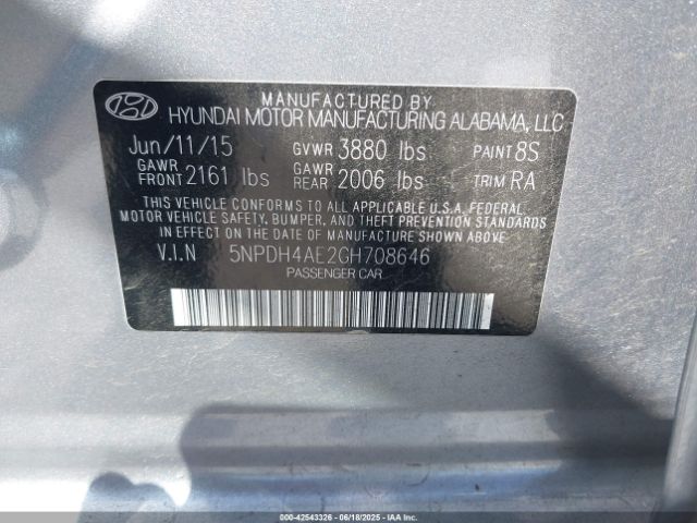 5NPDH4AE2GH708646 Hyundai dohc mpi nu