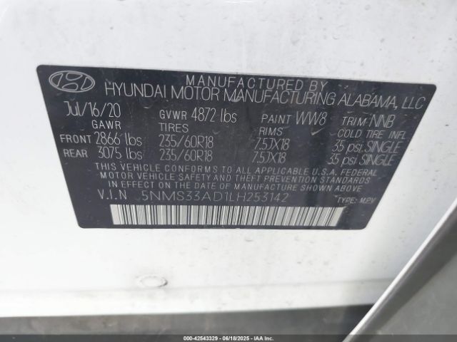 5NMS33AD1LH253142 Hyundai Santa Fe Sel