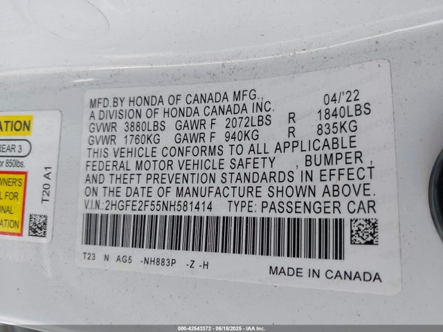 Honda Civic 2022 2HGFE2F55NH581414 Image 22
