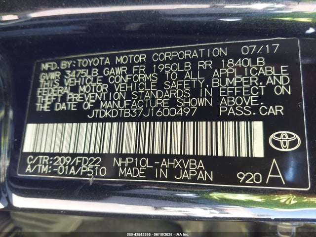 JTDKDTB37J1600497 Toyota 1nz-fxe+1lm