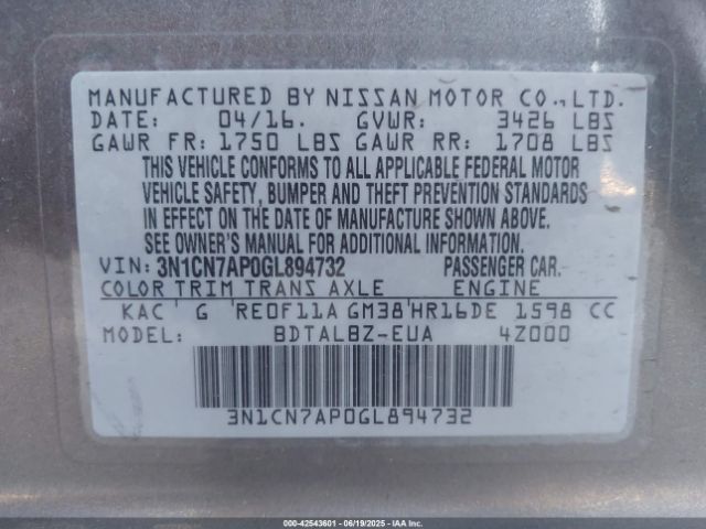 3N1CN7AP0GL894732 Nissan 2016