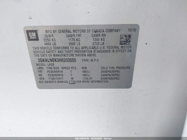 2GKALNEK3H6203555 GMC lea - sidi: spark ignited direct injection, e85 max, alum