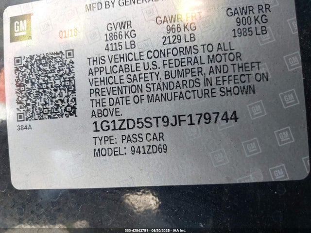 1G1ZD5ST9JF179744 Chevrolet lfv - direct injection, variable valve timing, gen 1