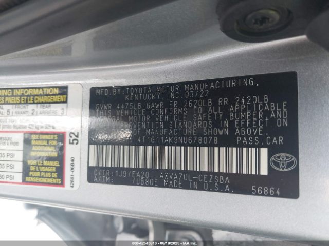 2022 TOYOTA CAMRY 4T1G11AK9NU678078 Photo 8