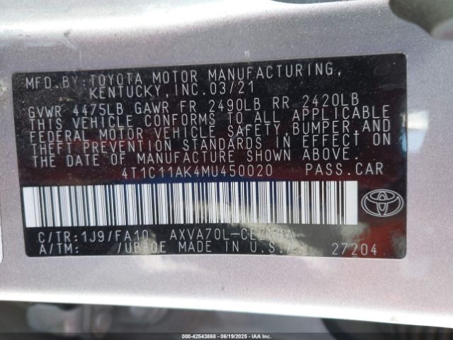 2021 TOYOTA CAMRY 4T1C11AK4MU450020 Photo 8