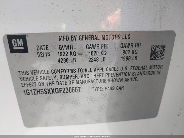 1G1ZH5SXXGF230667 Chevrolet ltg - sidi, alum dohc, vvt, dcvcp turbo, e0-e100, alum