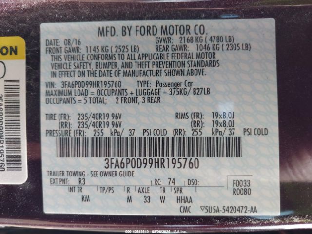 2017 FORD FUSION 3FA6P0D99HR195760 Photo 8