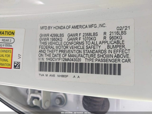 1HGCV1F12MA043020 Honda l15be